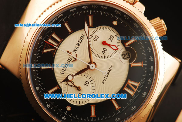 Ulysse Nardin Maxi Marine Chronograph Swiss Valjoux 7750 Automatic Movement Rose Gold Case with Black/White Dial - Click Image to Close